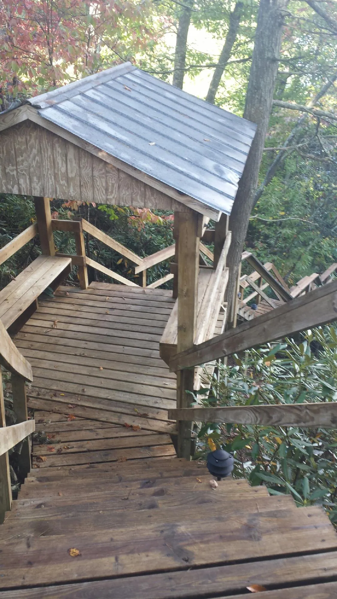 Metal roofed shelter over wooden steps on a wooded walkway — Skylight Repair & Installation work by our crew in Aurora